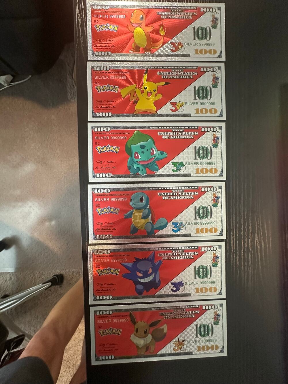Pokemon 6 Piece Silver Foil Novelty Note Set Pikachu Eevee Gengar